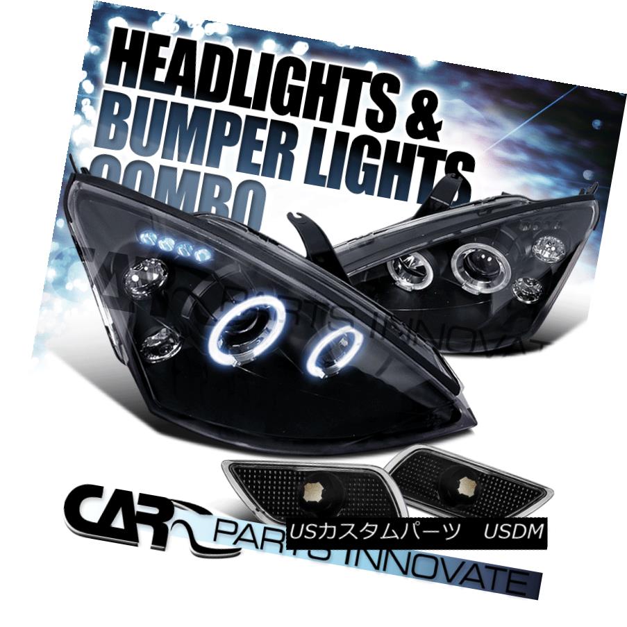 ヘッドライト Ford 00-04 Focus Halo LED Projector Headlights+Bumper Side Marker Black フォード00-04フォーカスHalo LEDプロジェクターヘッドライト+サイドマーカーごとのバーン
