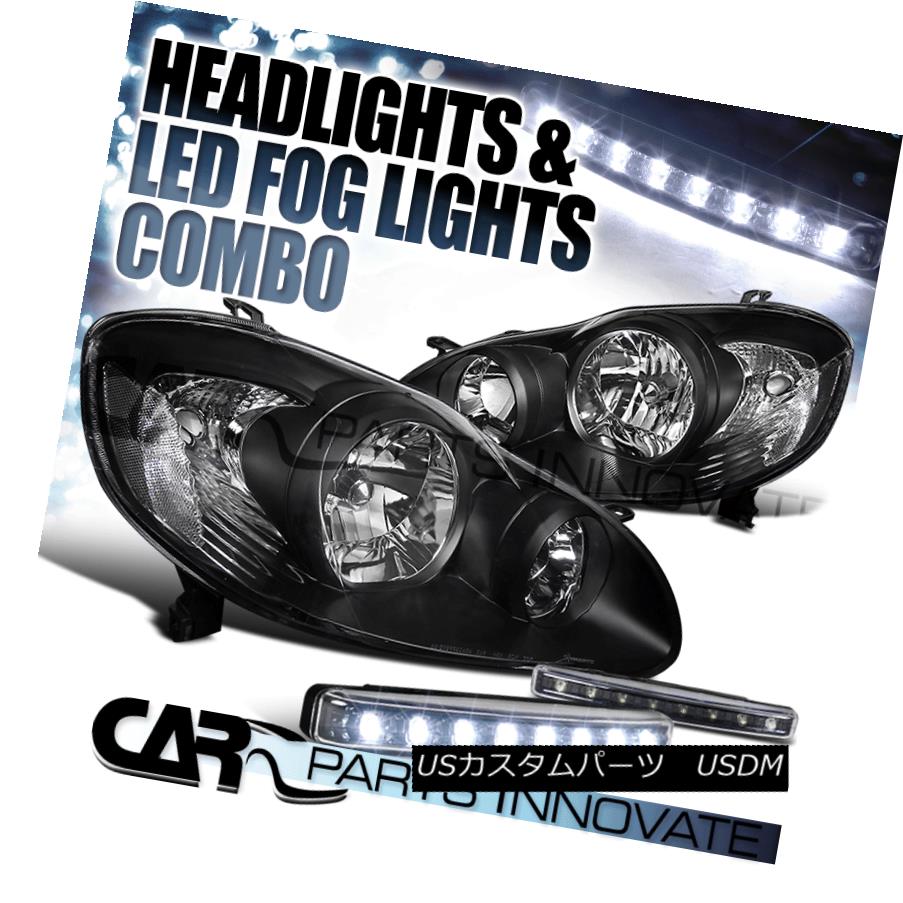 ヘッドライト Fit 03-08 Toyota Corolla JDM Black Clear Head Lights+8-LED DRL Bumper Fog Lamps フィット03-08トヨタカローラJDMブラッククリアヘッドライト+ 8-LED DRLバンパーフォグランプ