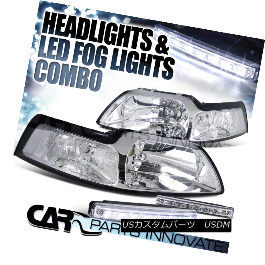 ヘッドライト 99-04 Ford Mustang Euro Crystal Chrome Headlights+8-LED Fog Lamps 99-04フォードマスタングユーロクリスタルクロームヘッドライト+ 8-L EDフォグランプ