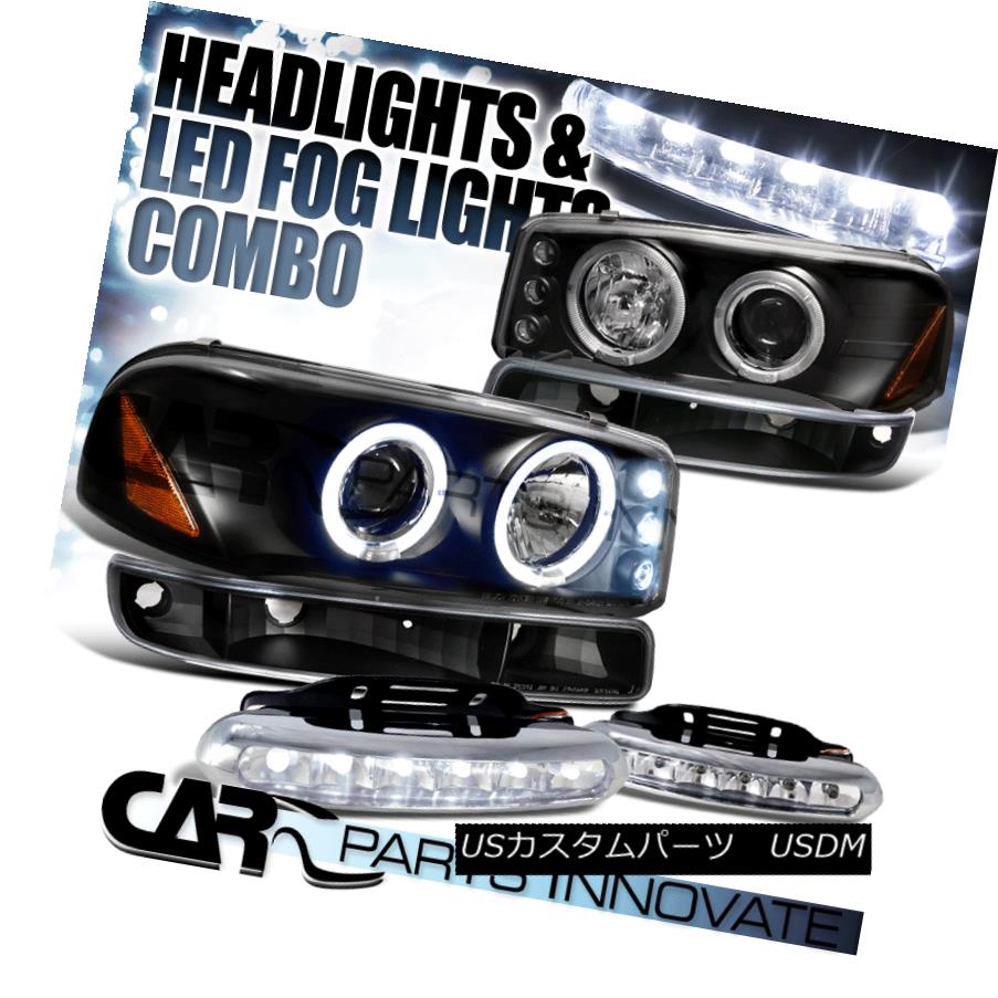 ヘッドライト Sierra 00-06 Yukon XL Black Halo Projector Headlights+Bumper Light+LED Fog Lamps Sierra 00-06 Yukon XLブラックハロープロジェクターヘッドライト+ Bum Light + LEDフォグランプ
