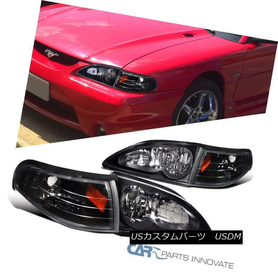ヘッドライト Ford 94-98 Mustang GT SVT Headlights Black+Corner Turn Signal Lamps w/ Amber フォード94-98 Mustang GT SVTヘッドライトブラック+コーナーターンシグナルランプ/アンバー