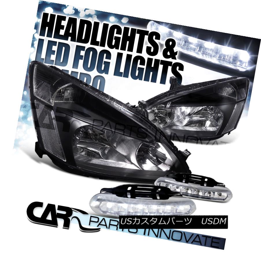 ヘッドライト Fit Honda 03-07 Accord LX EX JDM Black Headlights+6-LED Bumper Fog Lamps フィットホンダ03-07アコードLX EX JDMブラックヘッドライト+ 6-L EDバンパーフォグランプ