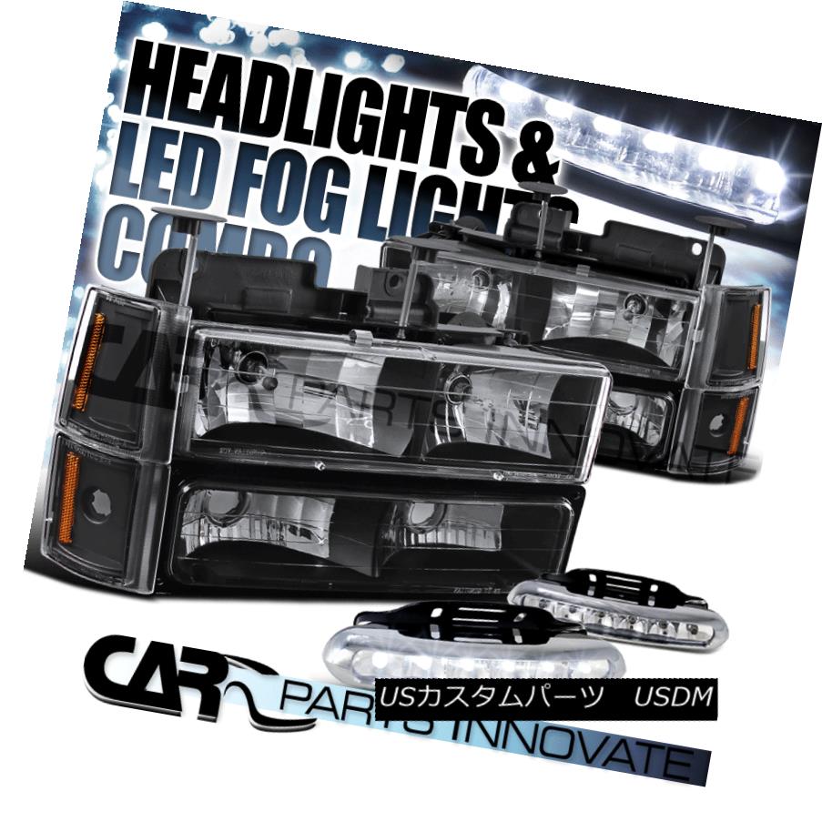 ヘッドライト 1994-1998 GMC C10 1500 Black Headlights+Bumper Corner Lamps+6-LED Fog Lamps 1994-1998 GMC C10 1500ブラックヘッドライト+ Bum /コーナーランプ+ 6-LEDフォグランプ