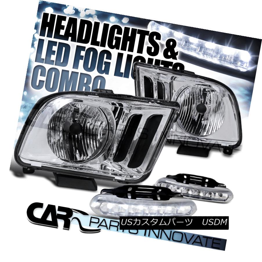 ヘッドライト 2005-2009 Ford Mustang GT Replacement Chrome Clear Headlights+6-LED Fog Lamps 2005-2009フォードマスタングGT交換用クロームクリアヘッドライト+ 6-L EDフォグランプ