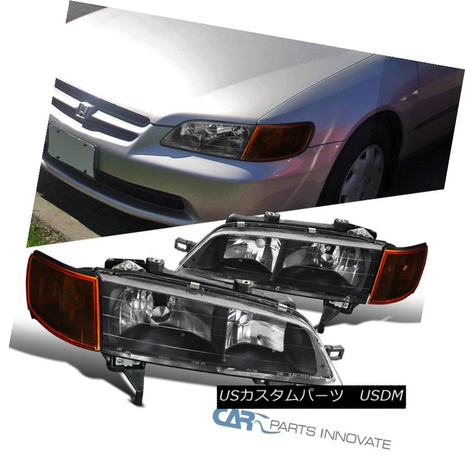 ヘッドライト Fit 94-97 Honda Accord Replacement Black Headlights Amber Corner Parking Lamps フィット94-97ホンダアコード交換用ブラックヘッドライトアンバーコーナーパーキングランプ