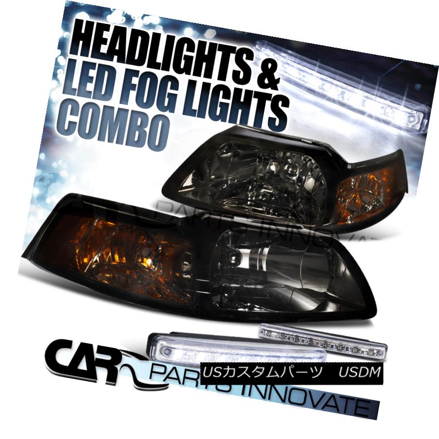 ヘッドライト Ford 99-04 Mustang GT Euro Crystal Smoke Tinted Headlights+8-LED Fog Lamps フォード99-04ムスタングGTユーロクリスタルスモークティントヘッドライト+ 8-L EDフォグランプ