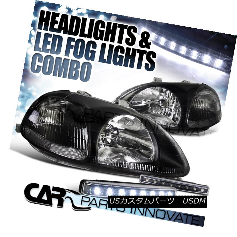 ヘッドライト Fit 1996-1998 Honda Civic EK EJ Black Crystal Head Lights+8-LED Bumper Fog Lamps 適合1996-1998ホンダシビックEK EJブラッククリスタルヘッドライト+ 8 LEDバンパーフォグランプ