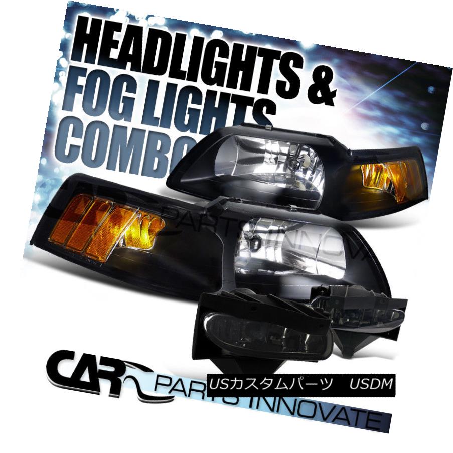 ヘッドライト 1999-2004 Ford Mustang Black Crystal Headlights+Smoke Fog Bumper Lamp 1999-2004 Ford Mustangブラッククリスタルヘッドライト+スモーキー keフォグバンパーランプ