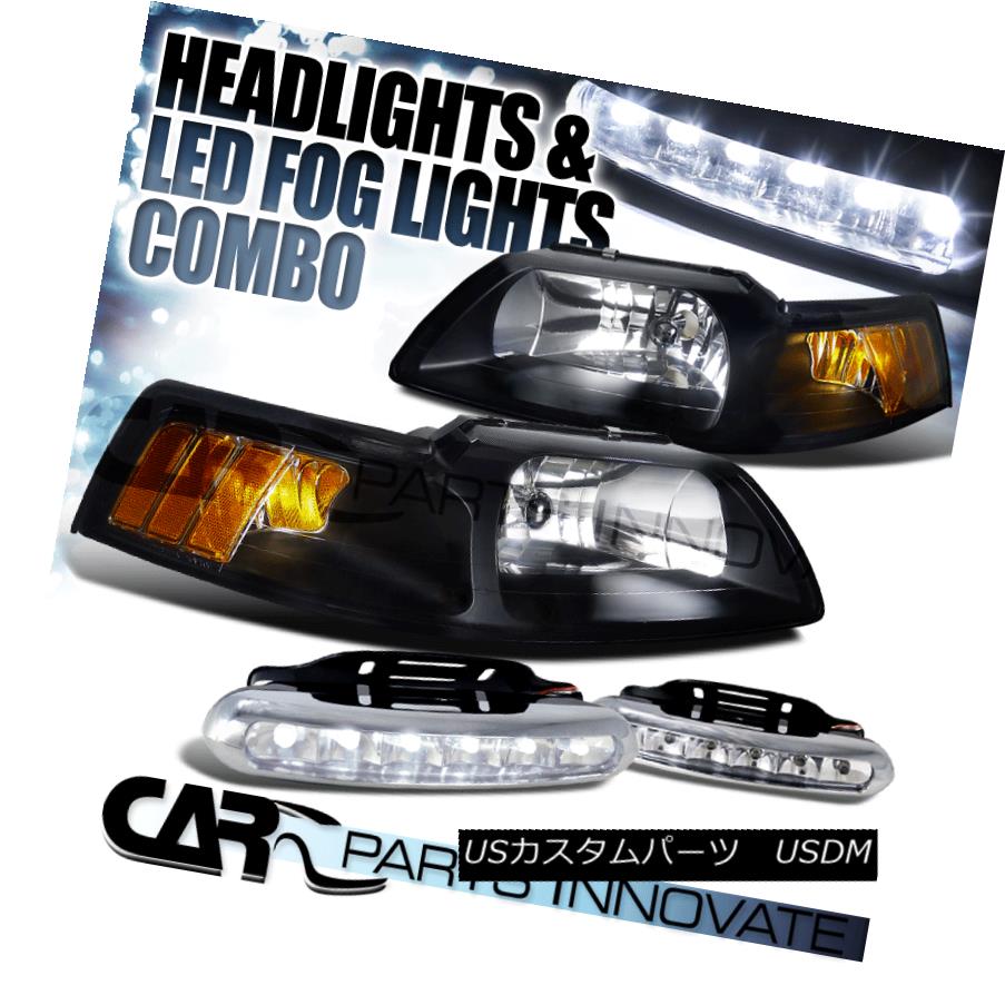 ヘッドライト 1999-2004 Ford Mustang Black Crystal Headlights Lamp+LED Fog Bumper DRL 1999-2004フォードマスタングブラッククリスタルヘッドライトランプ+ LEDフォグバンパーDRL