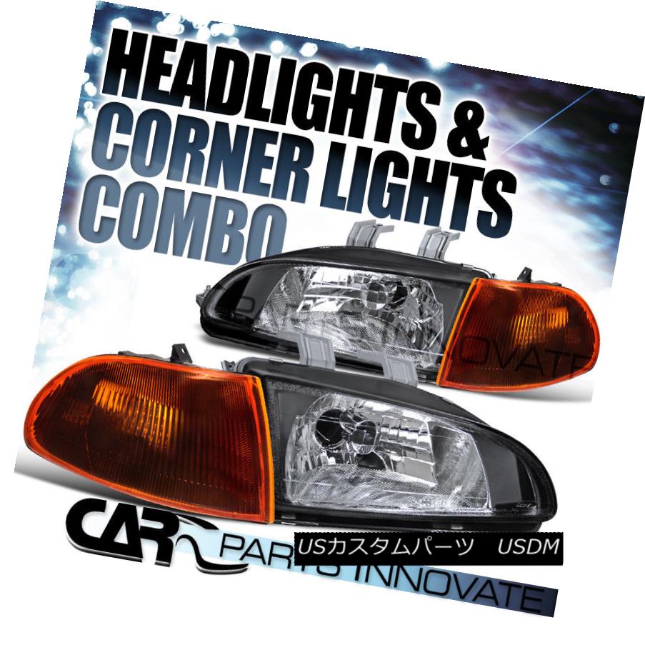 ヘッドライト Fit 1992-1995 Honda Civic 4Dr Sedan Black JDM Headlights+Dark Amber Corner Lamp フィット1992-1995ホンダシビック4DrセダンブラックJDMヘッドライト+ダーク kアンバーコーナーランプ