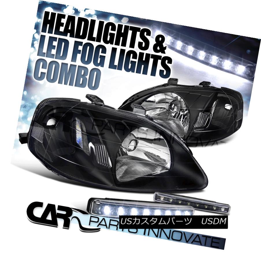 ヘッドライト Fit 1999-00 Honda Civic Si Head Lights Black Crystal Pair+8-LED Bumper Fog Lamps 適合1999-00ホンダシビックSiヘッドライトブラッククリスタルペア+ 8-LEDバンパーフォグランプ