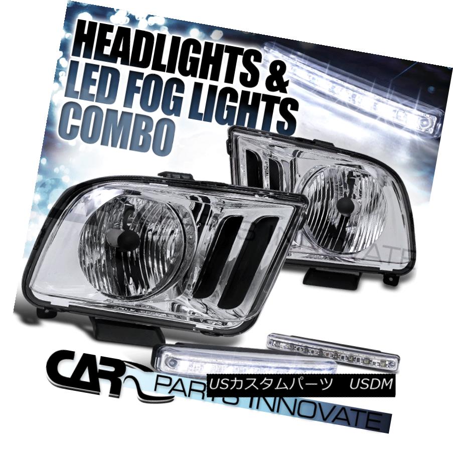 ヘッドライト 2005-2009 Ford Mustang JDM Replacement Chrome Clear Headlights+8-LED Fog Lamps 2005-2009フォードマスタングJDM交換クロームクリアヘッドライト+ 8-L EDフォグランプ