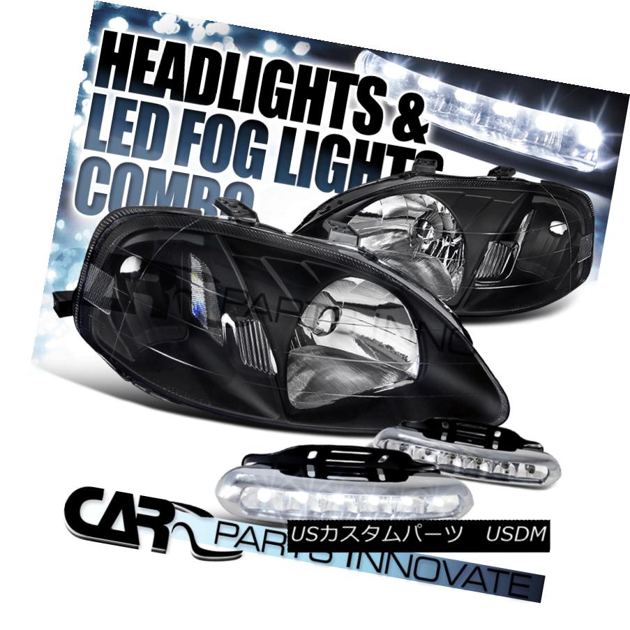 ヘッドライト Fit 99-00 Honda Civic 2/3/4Dr JDM Crystal Black Headlights+6-LED Fog Lamps フィット99-00ホンダシビック2/3 / 4Dr JDMクリスタルブラックヘッドライト+ 6-L EDフォグランプ