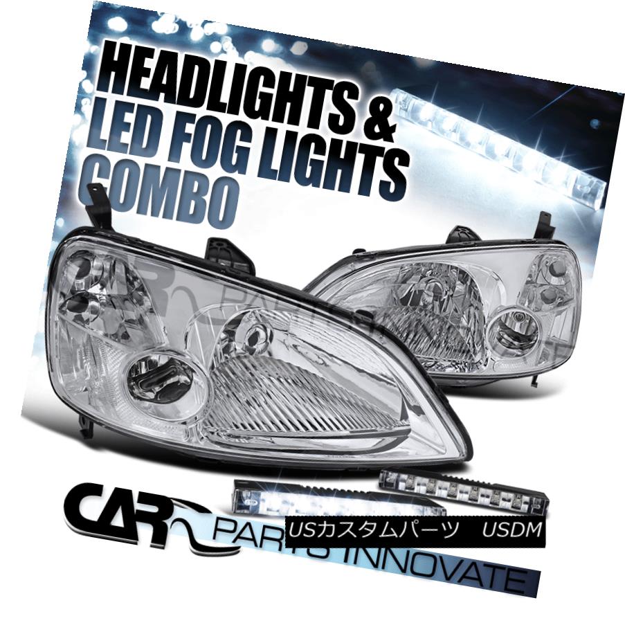 ヘッドライト For 01-03 Civic EM ES 2/4Dr Chrome Crystal Headlight+6-LED Bumper Fog Light 01-03 Civic EM ES 2 / 4Drクロームクリスタルヘッドライト+ 6-LE Dバンパーフォグライト