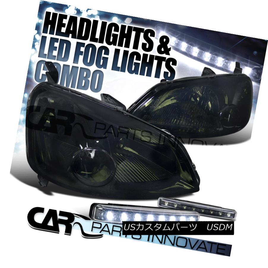 ヘッドライト Fit 01-03 Honda Civic EM ES 2/4Dr Smoke Tinted Headlights+8-LED Bumper Fog Lamps フィット01-03ホンダシビックEM ES 2 / 4Dr煙霧ヘッドライト+ 8-L EDバンパーフォグランプ