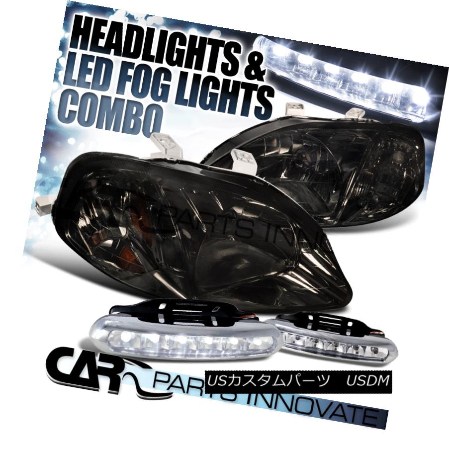 ヘッドライト For 99-00 Honda Civic 2/3/4Dr JDM Smoke Crystal Headlight+LED Fog Bumper DRL 99-00ホンダシビック2/3 / 4Dr JDMスモーククリスタルヘッドライト+ LEDフォグバンパーDRL用