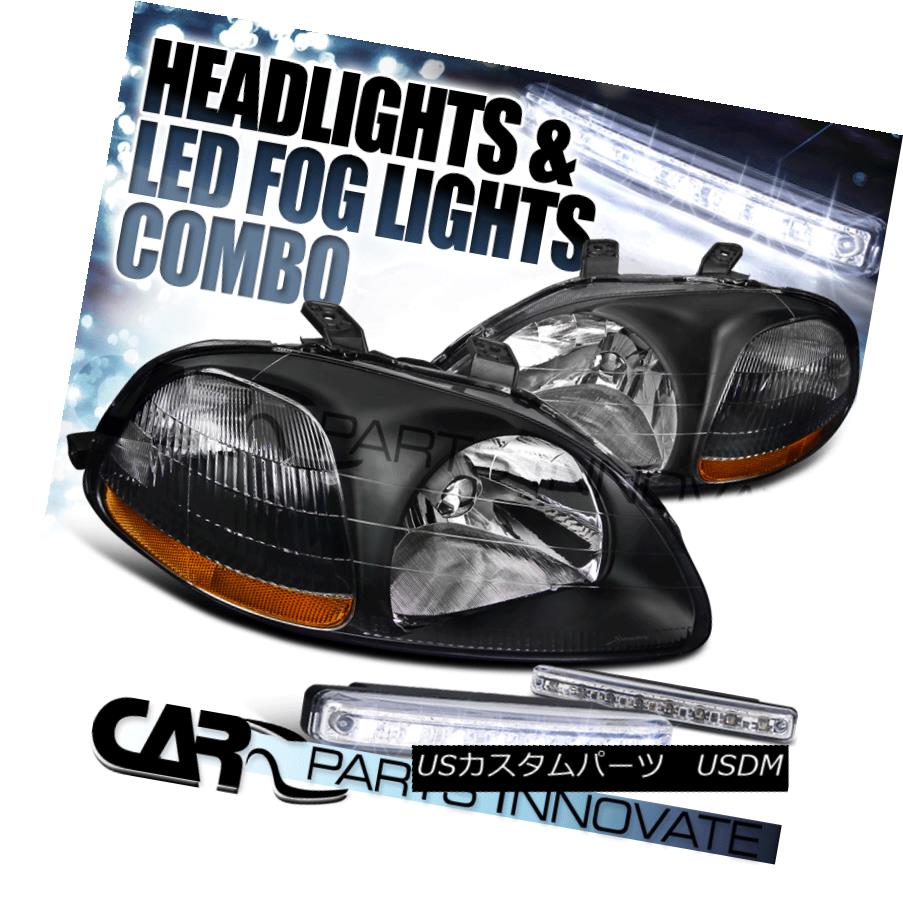 ヘッドライト For 96-98 Honda Civic 2/3/4Dr Crystal Black Headlights+8-LED Bumper Fog Lamps 96-98ホンダシビック2/3 / 4Drクリスタルブラックヘッドライト+ 8-L EDバンパーフォグランプ