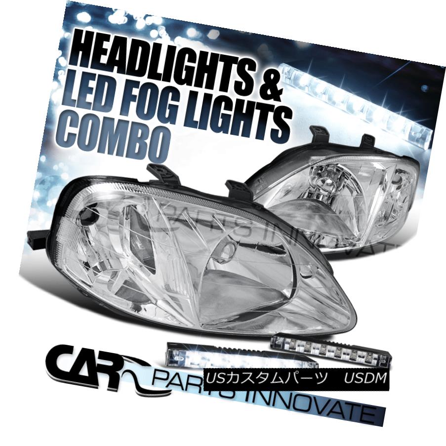 ヘッドライト For Honda 99-00 Civic 2/3/4Dr Chrome Clear Headlights+6-LED Bumper Fog Lamps ホンダ99-00シビック2/3 / 4Drクロームクリアヘッドライト+ 6-L EDバンパーフォグランプ