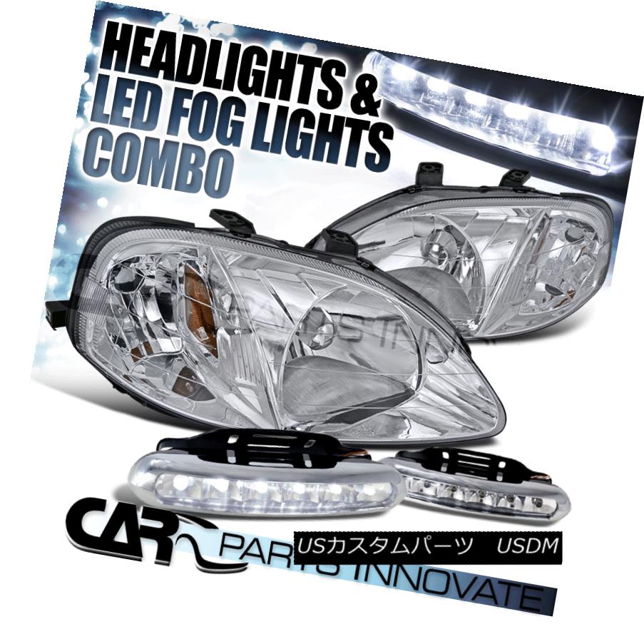 ヘッドライト For 99-00 Honda Civic 2/3/4Dr JDM Clear Crystal Headlight+LED Fog Bumper DRL 99-00ホンダシビック2/3 / 4Dr JDMクリアクリスタルヘッドライト+ LEDフォグバンパーDRL用