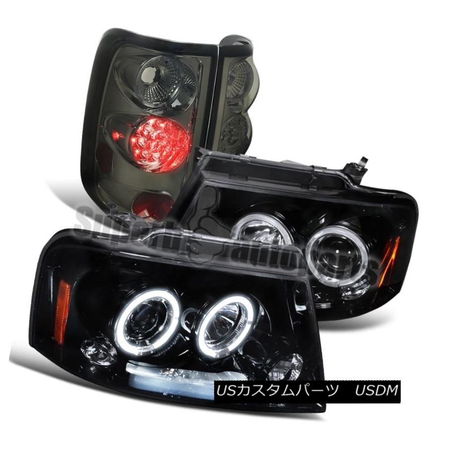 2004-2008 Ford F150 Glossy Black LED Halo Projector Headlights+Smoke Tail Lights