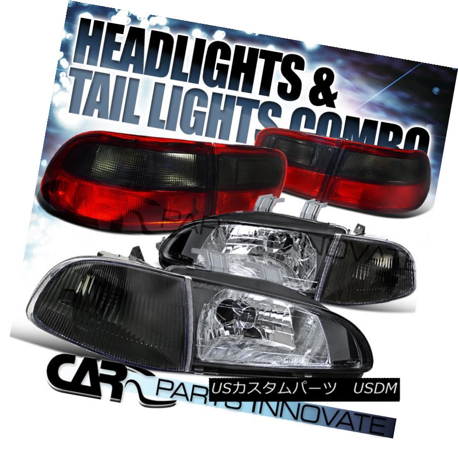 テールライト Fit 92-95 Honda Civic 4Dr Sedan Black Headlight+Corner Lamp+Red Smoke Tail Light フィット92-95ホンダシビック4Drセダンブラックヘッドライト+トウモロコシ erランプ+赤煙テールライト