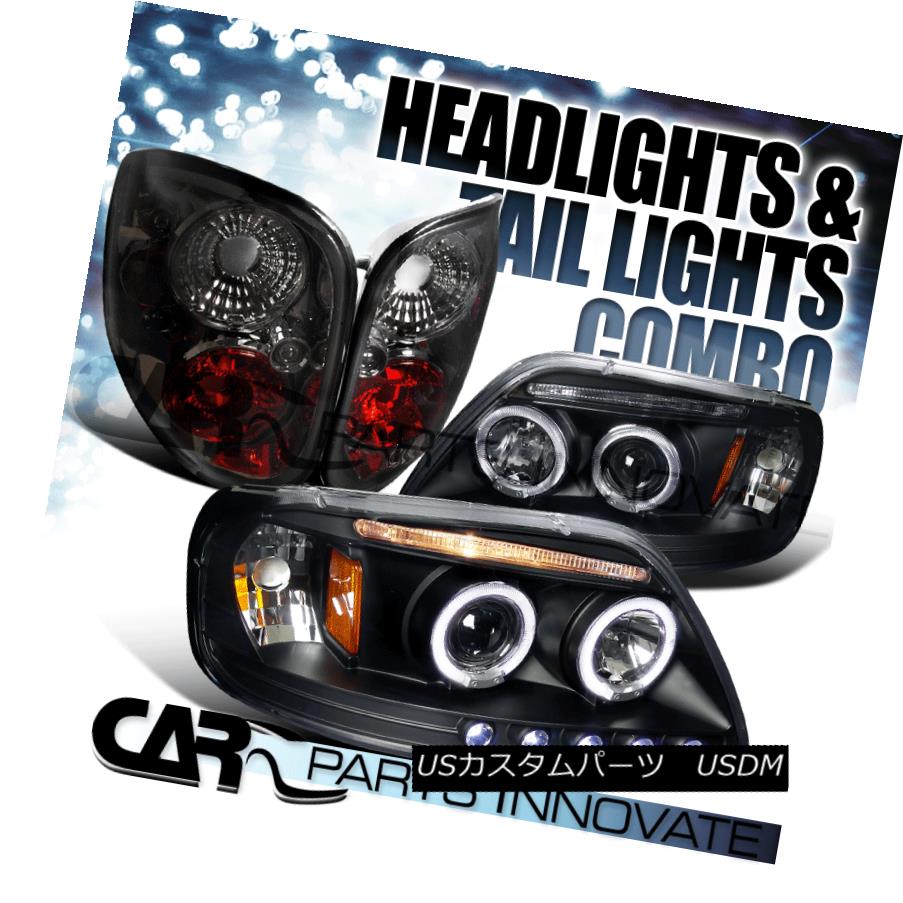 テールライト Ford 97-00 F150 Black Dual Halo LED Projector Headlights+Smoke Tint Tail Lamps Ford 97-00 F150ブラックデュアルHalo LEDプロジェクターヘッドライト+スモーキー keテントテールランプ