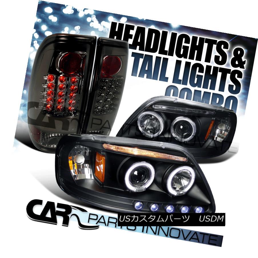 テールライト 97-03 F-150 Black Dual Halo Projector Headlights+Smoke Tint LED Tail Lamps 97-03 F-..