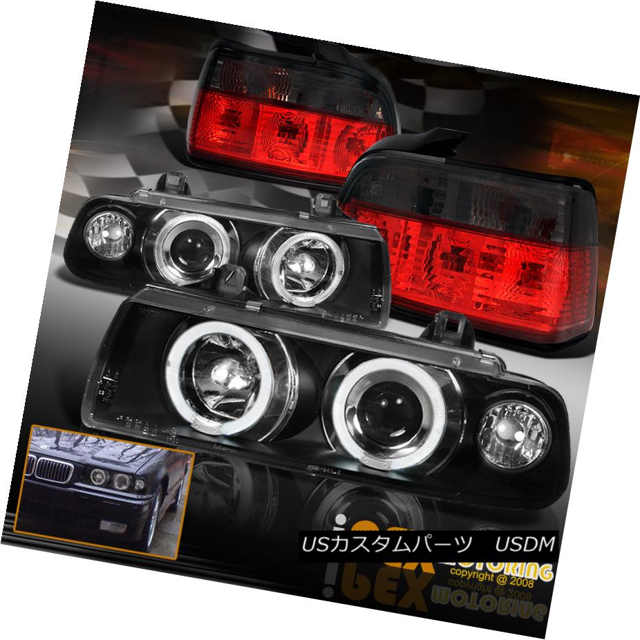 テールライト For 92-98 3-Series BMW E36 4Dr Halo Projector Black Headlight + Smoke Tail Light 92-98用3シリーズBMW E36 4Drハロープロジェクターブラックヘッドライト+スモークテールライト