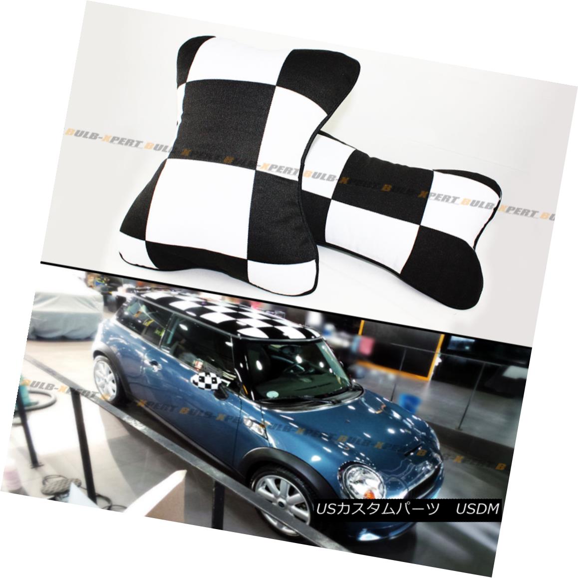 エアロパーツ PAIR BLK WHITE CHECKERED FLAG HEAD REST CUSHION PILLOW FOR 2002-2015 MINI COOPER ペ..