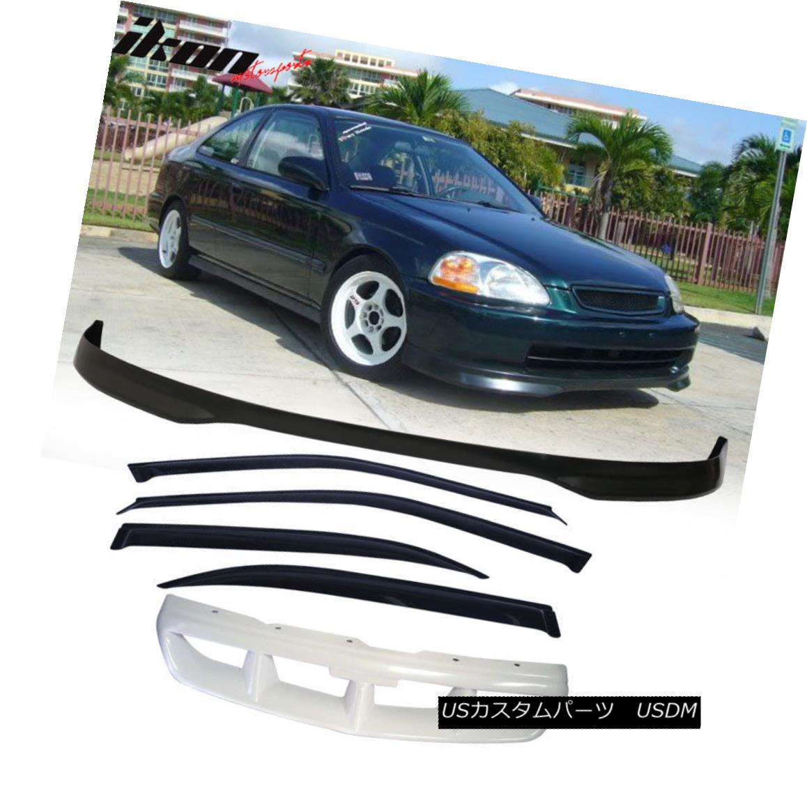 グリル Fits 96-98 Honda Civic 4Dr Front Bumper Lip PP + Grille + Sun Window Visor フィット96-98ホンダシビック4DrフロントバンパーリップPP +グリル+サンウィンドウバイザー