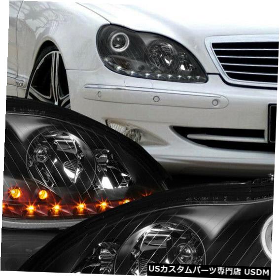 ヘッドライト Fits 2000-2006 Mercedes W220 S-Class <HALO/LED SIGNAL> Black Projector Headlight