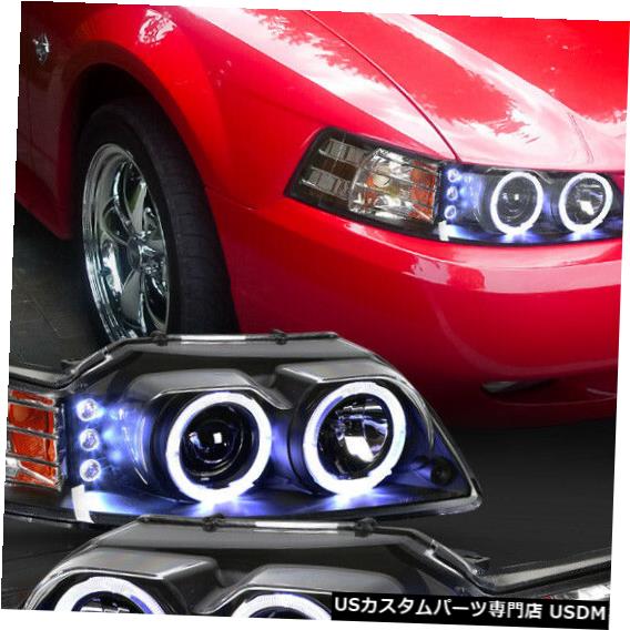 ヘッドライト Fits 1999-2004 Ford Mustang &lt;DUAL HALO/LED DRL&gt; Black/Amber Projector Headlight