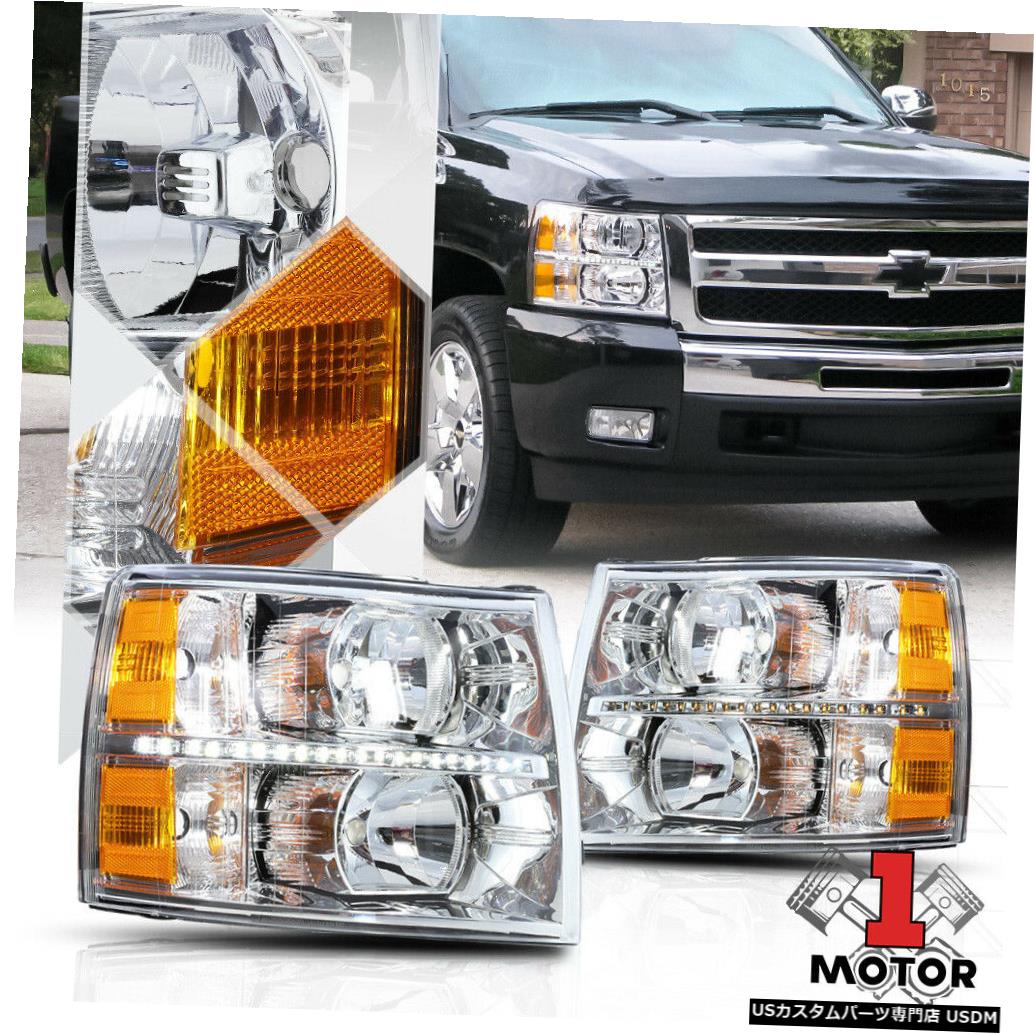 ヘッドライト Chrome / Clear * L ED Strip DRL *ヘッドライトライトランプアンバー信号07-14シルバラード用 Chrome/Clear*LED Strip DRL*Headlight Light Lamp Amber Signal for 07-14 Silverado