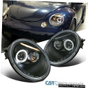 Headlight VW 98-05ビートルハロープロジェクター用LEDハローヘッドライトヘッドランプブラックペア For VW 98-05 Beetle Halo Projector LED Halo Headlights Head Lamps Black Pair(2)