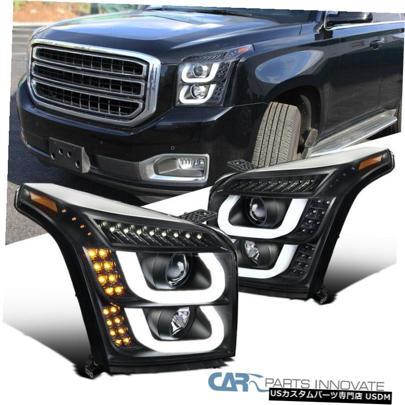 Headlight For 15-18 GMC Yukon/ Yukon XL Black LED &amp; Signal Projector Headlights Left+Right