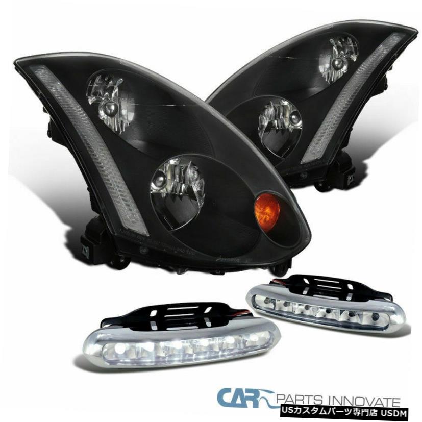 Headlight フィット03-05インフィニティG35 2Drクーペブラックヘッドライト+クリア6-LEDフォグドライビングランプ Fit 03-05 Infiniti G35 2Dr Coupe Black Headlights+Clear 6-LED Fog Driving Lamps