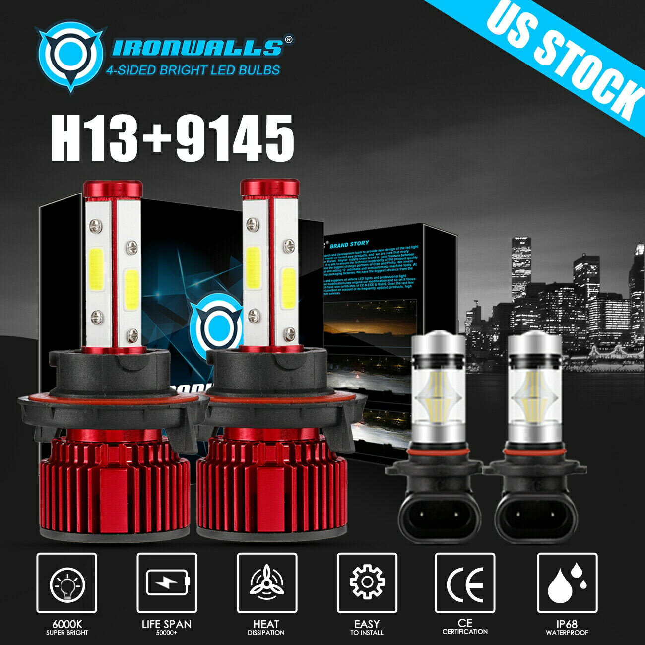 2004-2014フォードF-150 6000K 4面LEDヘッドライトのHi / Loの+フォグ電球4x用 For 2004-2014 Ford F-150 6000K 4 Sides LED Headlight Hi/Lo + Fog Light Bulbs 4x