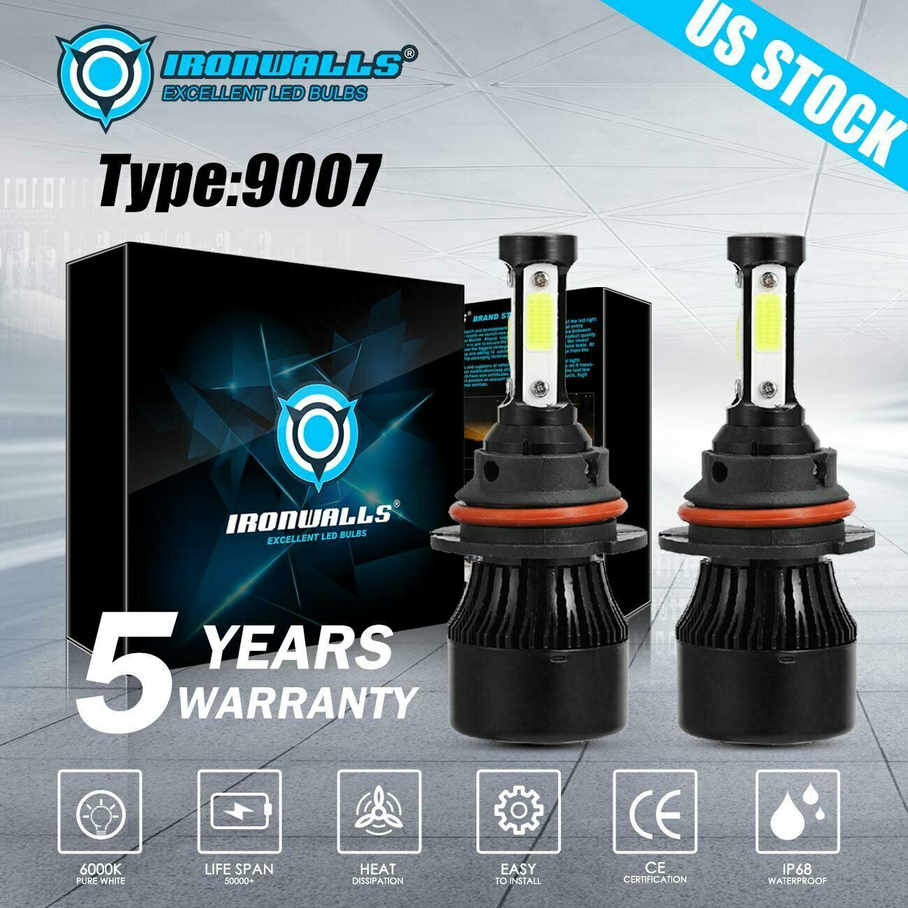 2X IRONWALLS 9007 HB5 LEDإåɥ饤ȥХ֥å360000LMӡ6500Kۥ磻 2X IRONWALLS 9007 HB5 LED headlight bulb kits 360000LM High low beam 6500K White