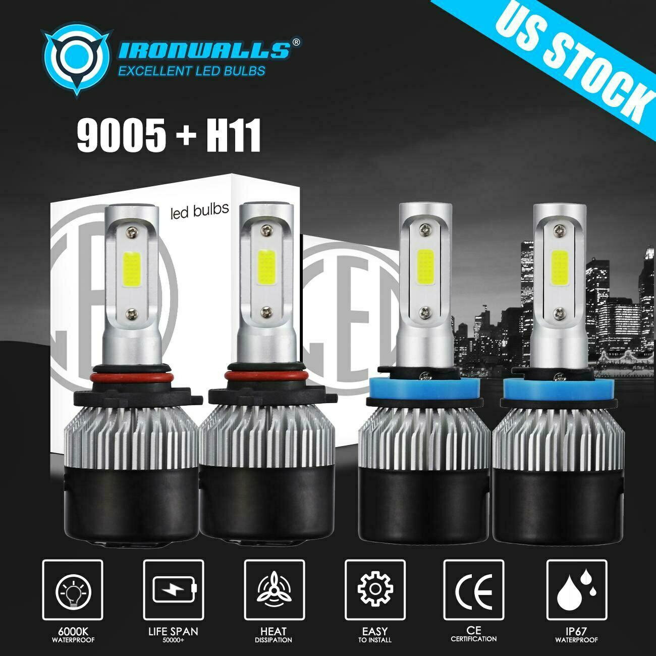 シボレーシルバラード1500年7月15日のために9005 H11 LEDヘッドライトのHi-低バルブキットをIRONWALLS IRONWALLS 9005 H11 LED Headlight Hi-Low Bulb Kits for Chevy Silverado 1500 07-15