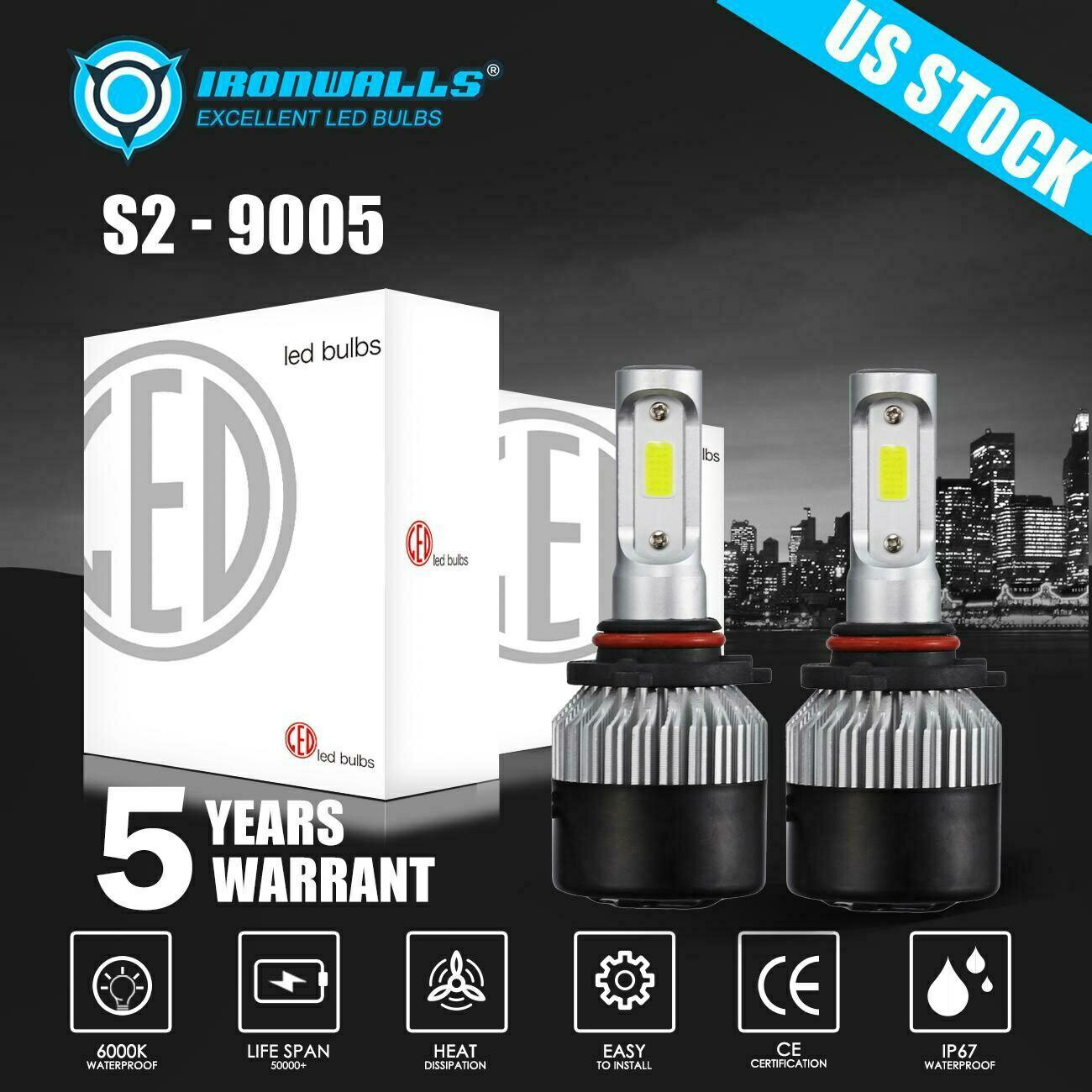 2X IRONWALLS 9005 / HB3 LEDإåɥ饤ȥХ֥ϥӡ1800W 270000LM 6000K򴹤Ƥ 2X IRONWALLS 9005/HB3 LED Headlight Bulb High Beam Replace 1800W 270000LM 6000K