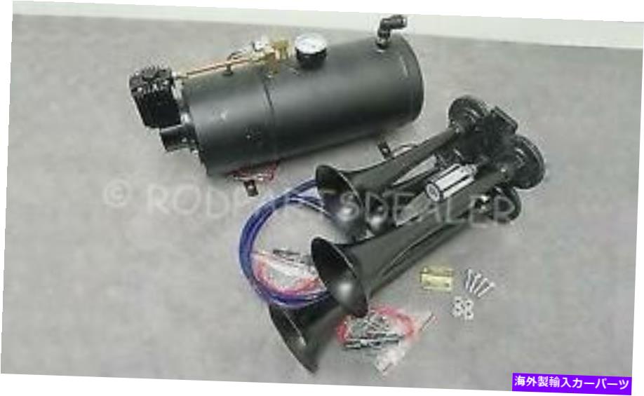 Train Horn クワッド4エアトレインホーンキット半トラックボートBLACKホルン+ 120 PSIコンプレッサー12V Quad 4 Air Train Horn Kit Semi Truck Boat BLACK Horns + 120 PSI Compressor 12v