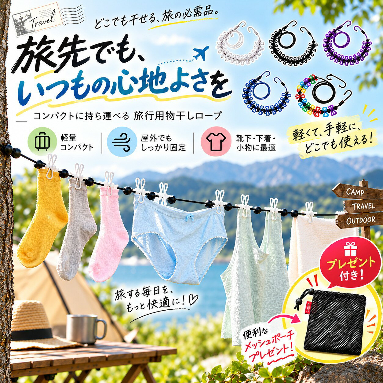 商品詳細説明 旅行先でも、いつものように気軽に洗濯物を干したい。 そんな時に便利な、コンパクトに持ち運べる旅行用物干しロープです。 約1.8mのロープに12個のクリップと13個の固定用ストッパーを備え、靴下・下着・タオル・ハンカチなどの小物をまとめて干すことができます。旅行や出張はもちろん、ホテル、キャンプ、ベランダ、室内干しなど、さまざまなシーンで活躍します。 使わない時はロープとクリップをまとめてコンパクトに収納。約188gと持ち運びやすく、スーツケースや旅行バッグにも入れやすいサイズ感です。付属の収納袋にまとめておけば、旅行時の荷物もすっきり整理できます。 旅行・出張・ホテル滞在・キャンプ・アウトドア・室内干しなどに。 「干す場所がない」「洗濯ばさみを持ち歩くのが面倒」といった旅先での洗濯のお悩みを、シンプルにサポートします。 ※サイズ表の実寸法は商品によって1-3cm程度の誤差がある場合がございます。 ※ご注意：モニターの発色により実際の色合いと異なる場合がございます。 ※生産ロットにより、A5タイプのクリップの色味に多少の誤差が生じる場合があります。