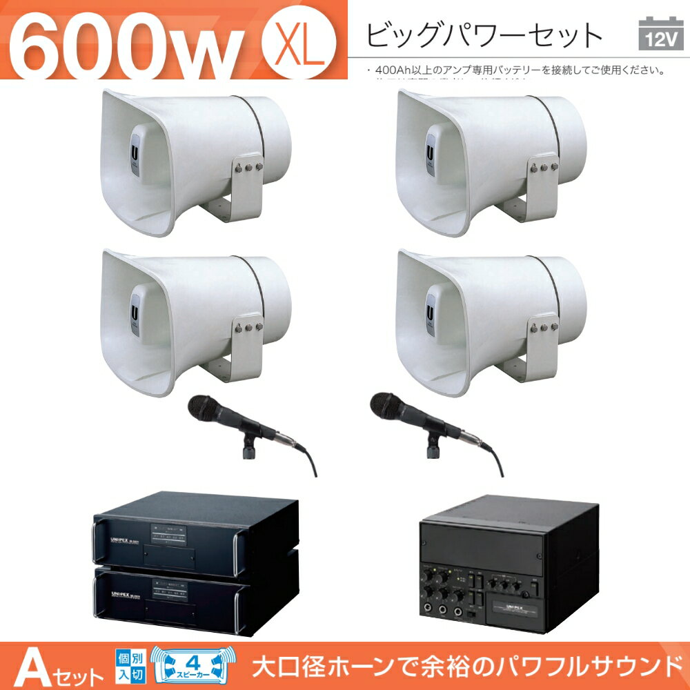 拡声器 600W 選挙用車載アンプビッグパワーセットA 12V H-574/200×4 LS-310×4 NB-3002D×2 AKN-02 LB-710 NX-9500 MD-58×2 国会議員選挙におすすめ