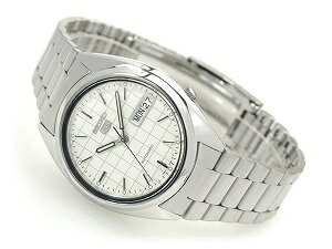【逆輸入SEIKO5】セイコー5 メンズ自動巻き腕時計 ホワイト格子ダイアル シルバーステンレスベルト SNXF05K