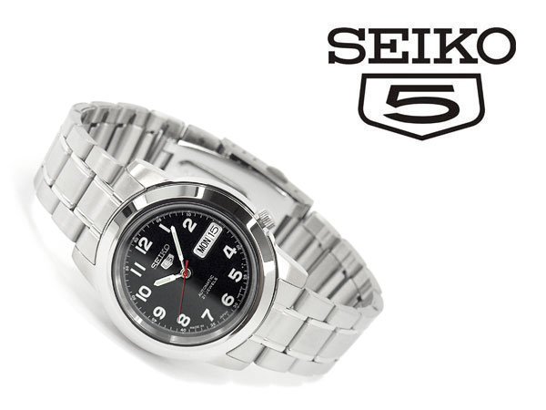 【逆輸入 SEIKO5】セイコー5 日本製 機械式自動巻き メンズ 腕時計 ブラックダイアル ステンレスベルト SNKK35J1