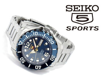 【逆輸入 SEIKO5 SPORTS】セイコー5スポーツ 自動巻き 手巻き付き機械式 メンズ 腕時計 ネイビーダイアル　シルバーステンレスベルト SRPB37K1