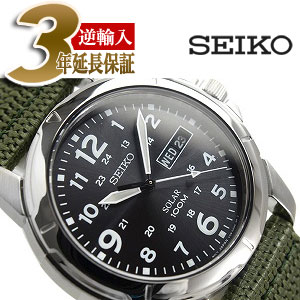 【逆輸入SEIKO Solar】セイコー メンズ腕時計 ソーラー デイデイト ブラックダイアル カーキグリーンナイロンメッシュベルト SNE095P2