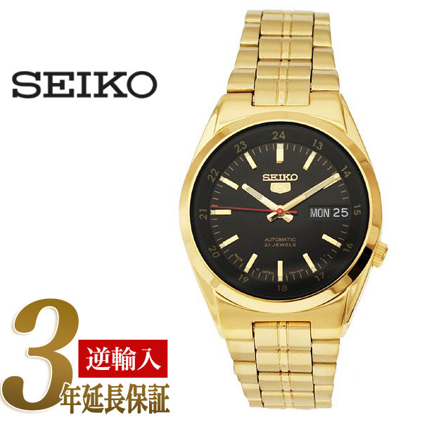 【日本製逆輸入SEIKO 5】セイコー5 メンズ自動巻き腕時計 ブラックダイアル ゴールドステンレスベルト SNK576J1