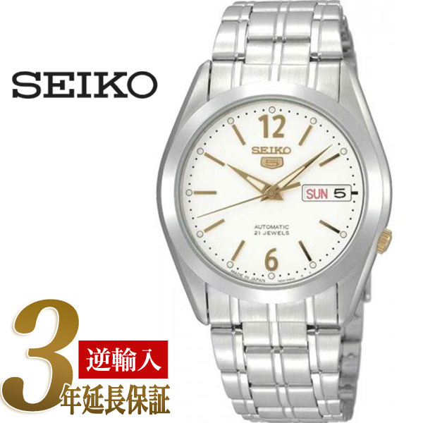 【日本製逆輸入SEIKO5】セイコー5 メンズ自動巻き腕時計 ホワイトダイアル ゴールドインデックス シルバーステンレスベルト SNKE95J1