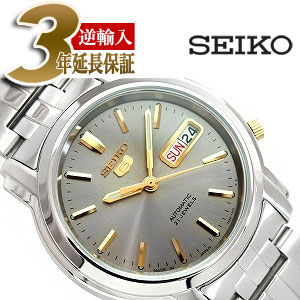 【日本製逆輸入SEIKO5】セイコー5 メンズ自動巻き腕時計 グレーダイアル ゴールドインデックス ステンレスベルト SNKK67J1